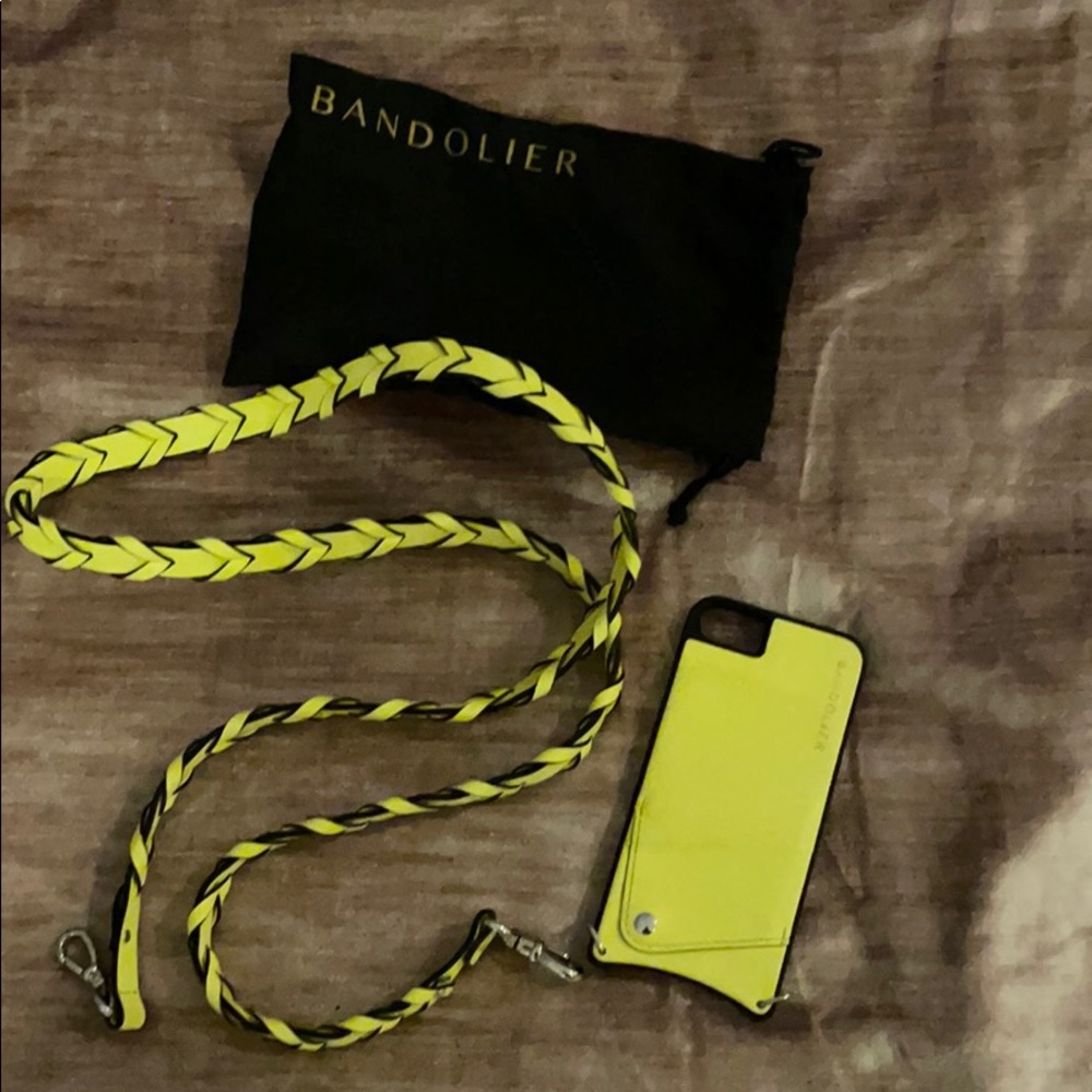 Bandolier iPhone case with strap and card pocket.